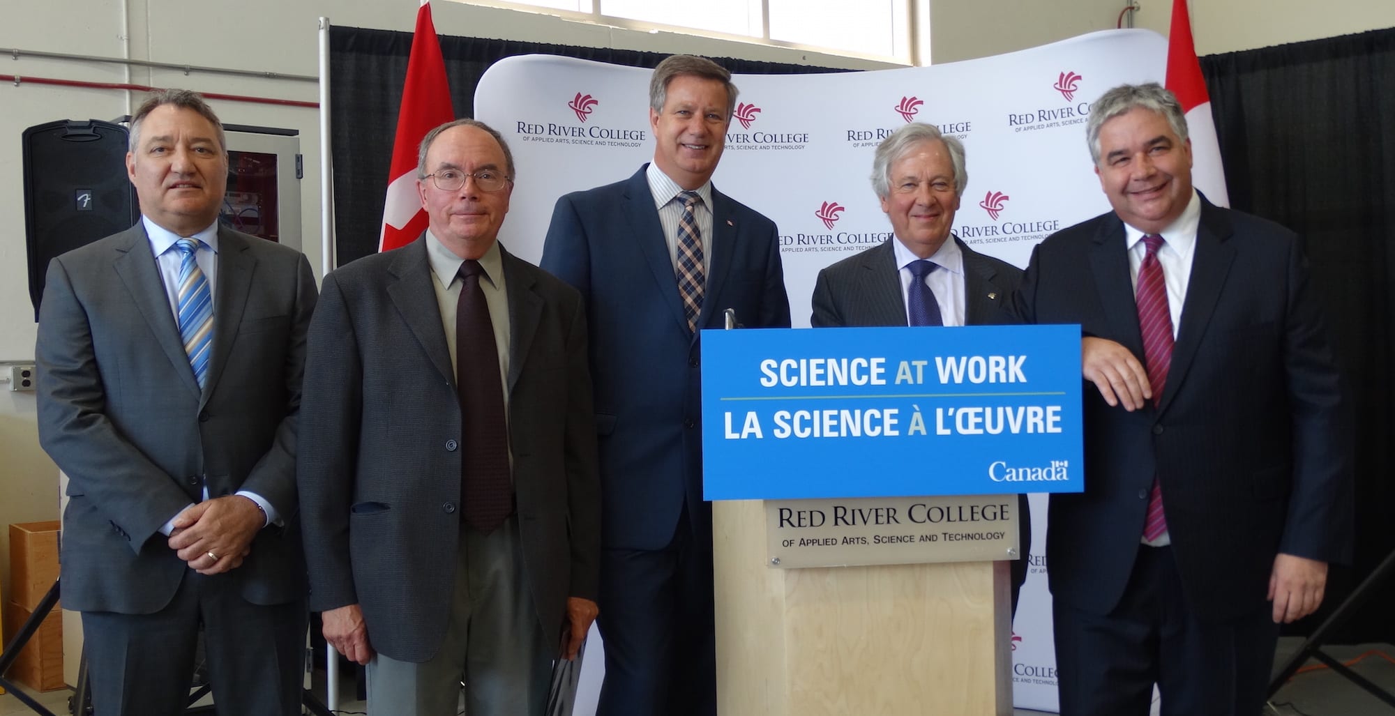 (L-R): Rick Marshall, Bird Construction; David Stones, CBEP Advisory Board Chair; Lawrence Toet, MP for Elmwood-Transona; David Rew, interim President of Red River College; Hon. Peter Van Loan, Leader of the Government in the House of Commons.