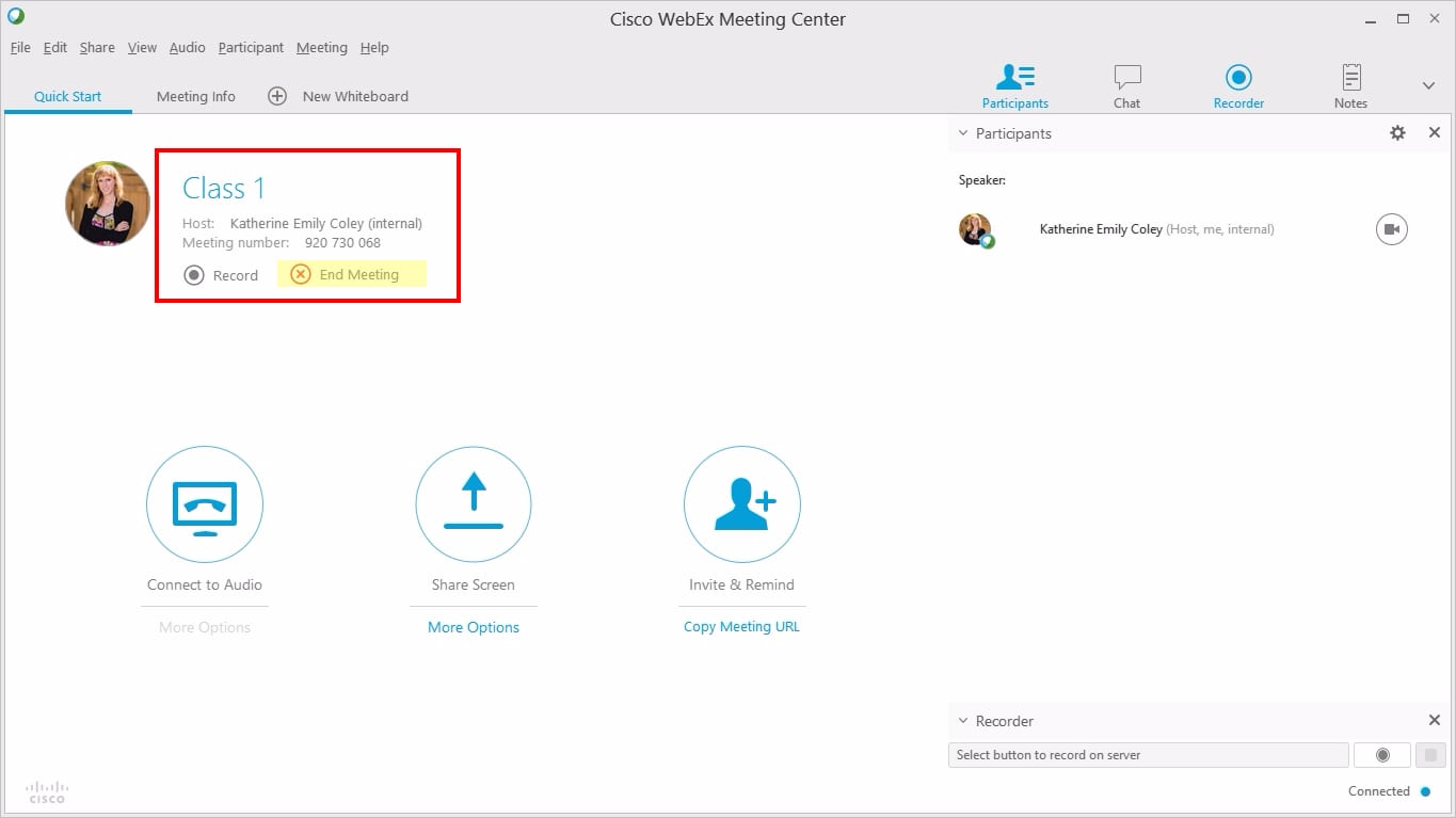 Your WebEx Desktop Client will now open;You can see a list of class participants and begin your event as usual. Close the window or click "End Meeting" when you want to end your class/event.