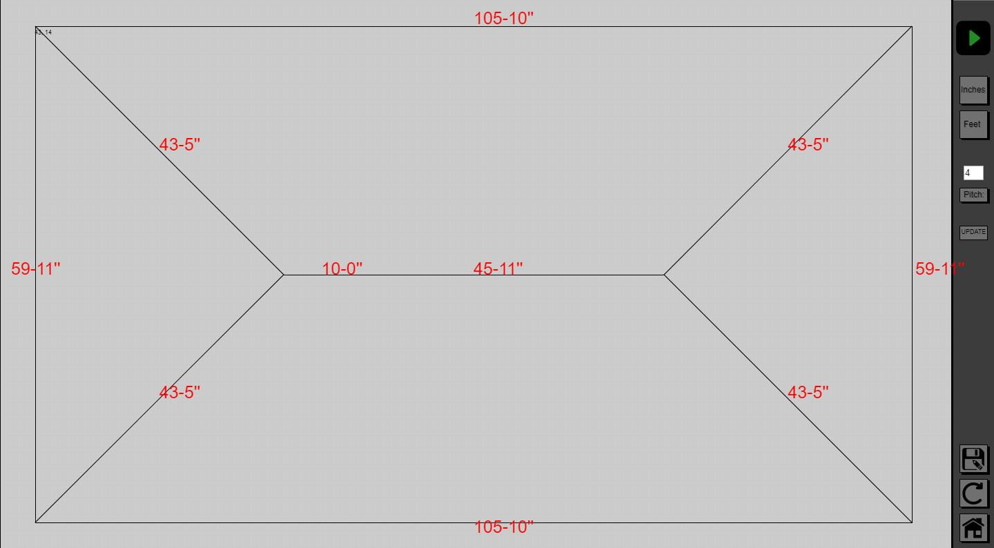 A detail view of the canvas drawing of a roof in the estimating software