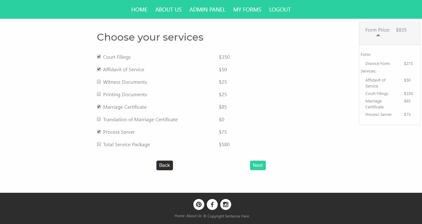 Easy Forms - Users have the option to choose their services