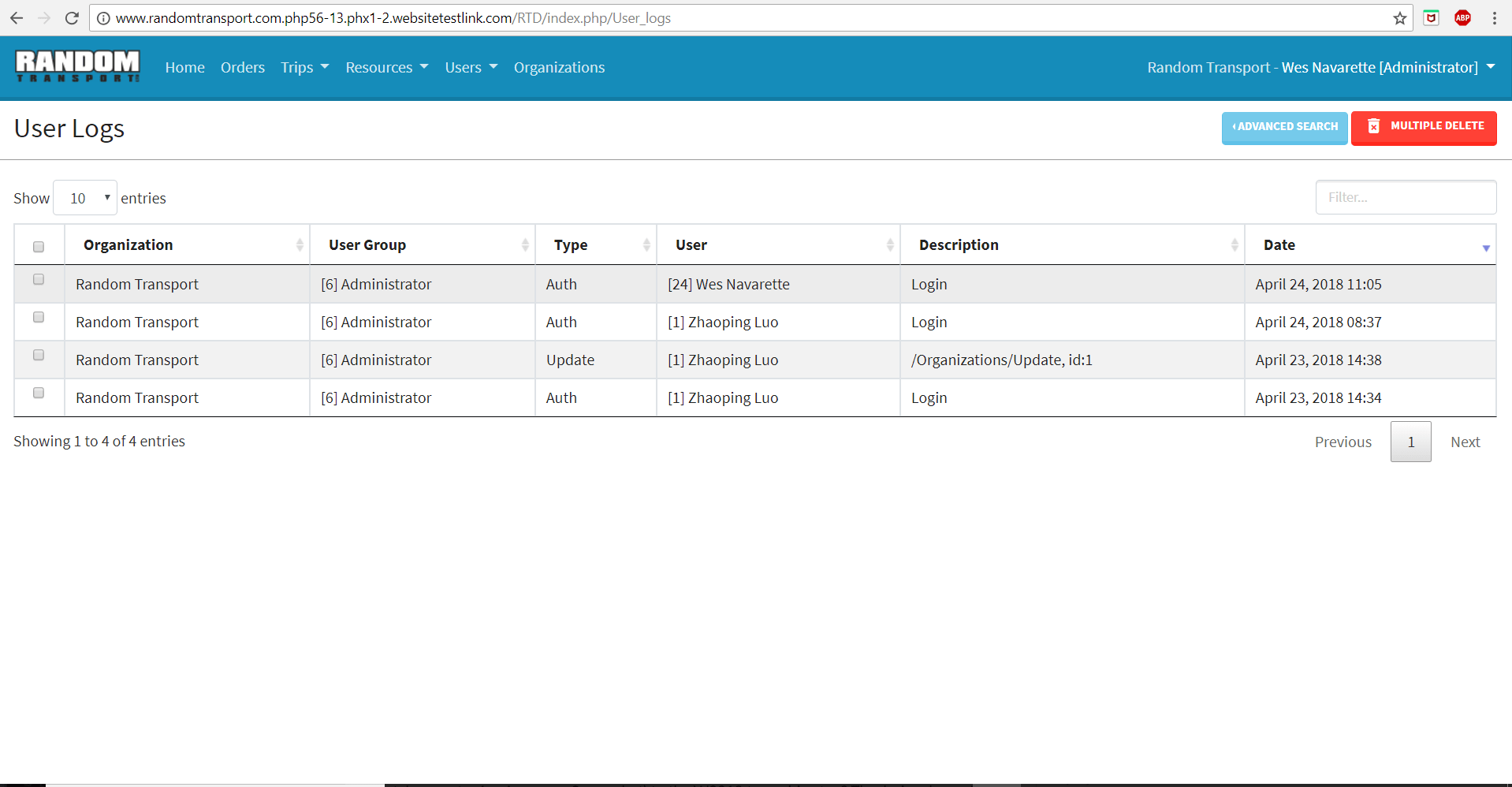 Random Transport - User Logs Screen