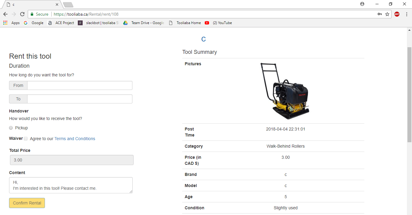 Tooliaba site Tool Rental Page