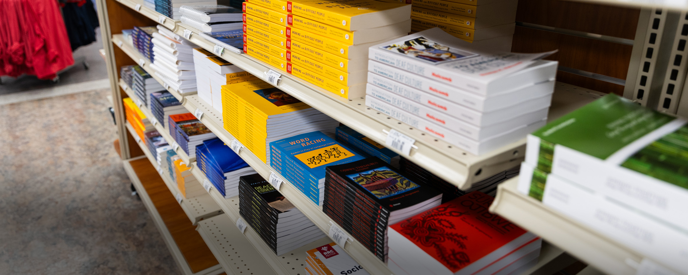 Textbooks on a store shelf