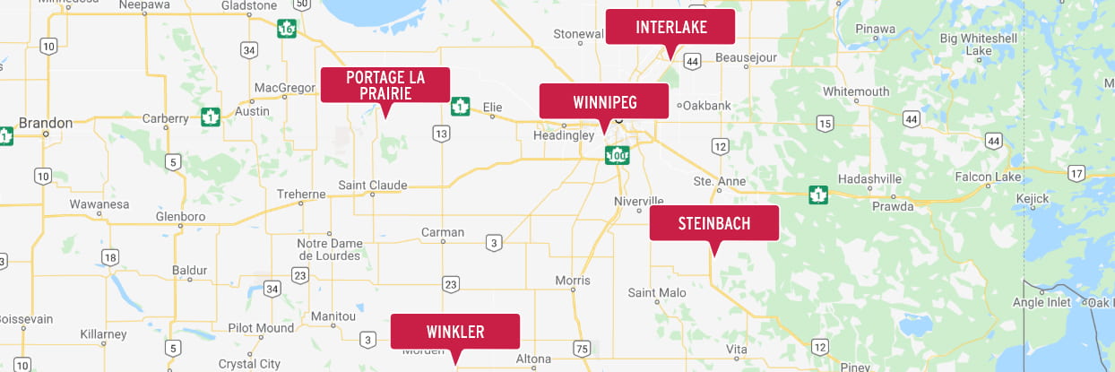 Location of RRC Polytech campuses offering custom and contract training