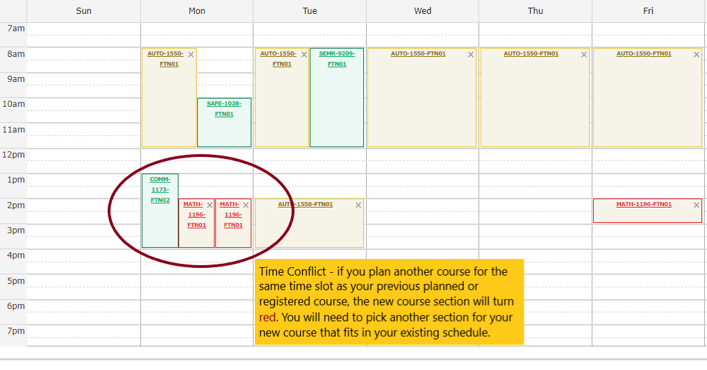 Review your student schedule to see if you planned another course for the same time slot as your previously planned or registered courses. If courses conflict then the new course will turn red. You will need to pick another section for your new course that fits in your existing schedule. 