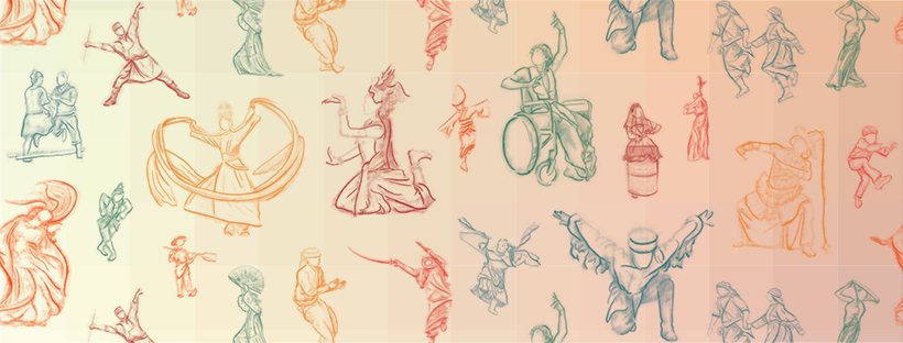 Colorful sketch-style illustrations of various traditional Asian dance and musical performances on a gradient background.
