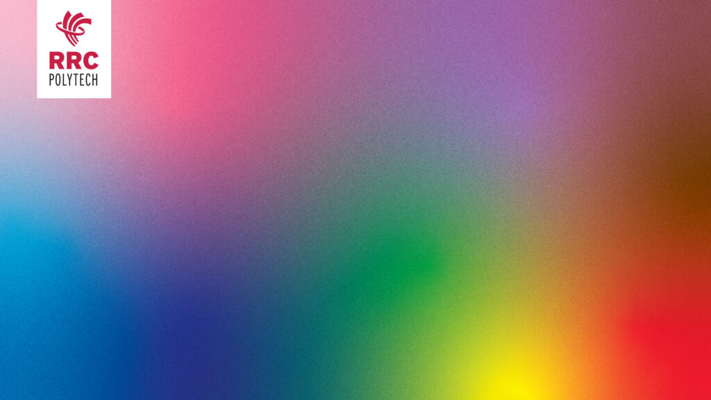 Pride Progress Flag background with RRC Polytech logo in the top left corner, for virtual meetings.