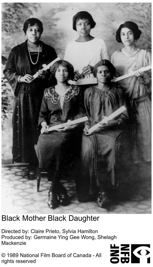 Historic black‑and‑white photograph of five women posed in two rows, holding rolled papers.