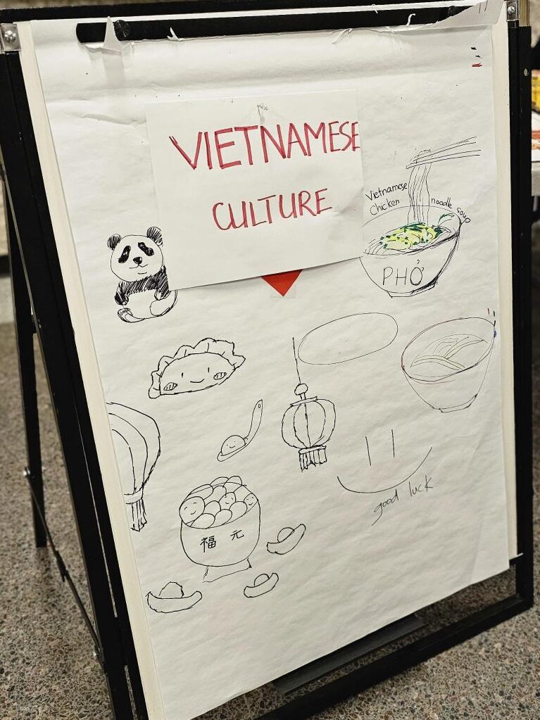 A sign on an easel reading “Vietnamese Culture” with hand‑drawn illustrations.