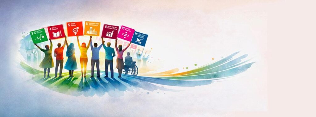 Illustration of a diverse group of people, including a wheelchair user, holding colourful placards representing the United Nations Sustainable Development Goals.