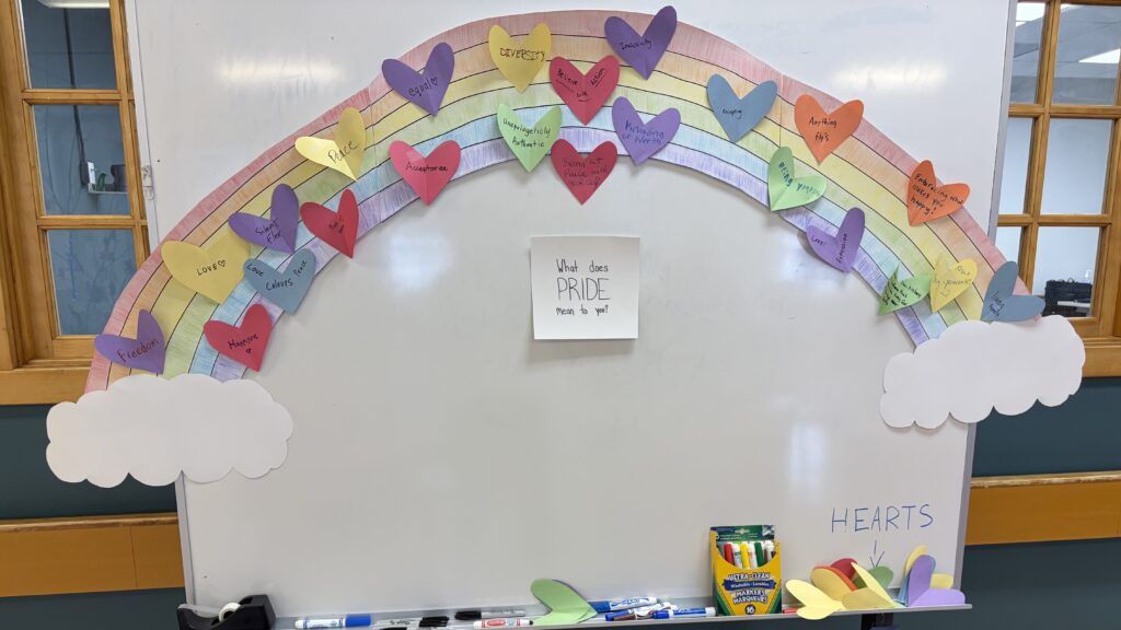 Whiteboard display with a large hand-drawn rainbow and colourful paper hearts containing handwritten messages, centred around a sign that reads “What does PRIDE mean to you?”