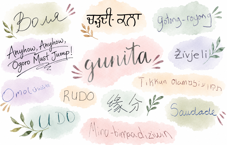 Handwritten words and phrases in multiple languages arranged on pastel watercolor backgrounds, celebrating cultural diversity and Canadian Multiculturalism Day.