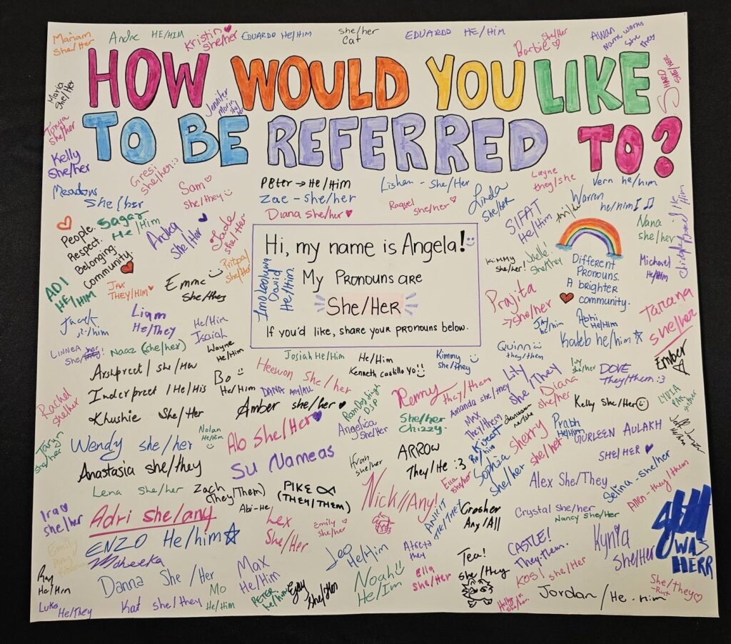 Colourful community participation board titled “How Would You Like to Be Referred To?” featuring dozens of handwritten responses from students and staff sharing names and pronouns. The board was created as part of an International Pronouns Day activity at RRC Polytech.