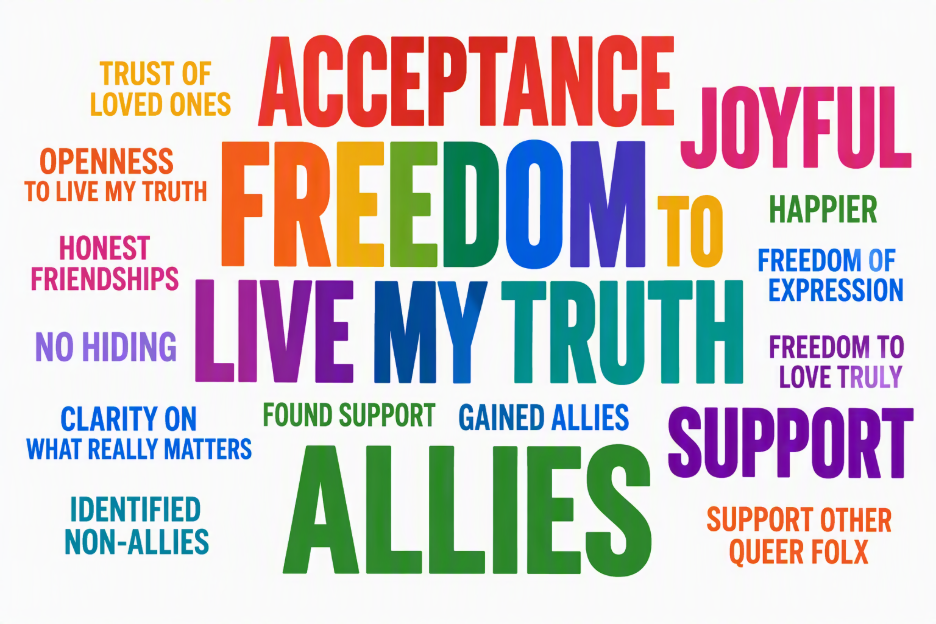 Word cloud showing participant experiences after coming out or living authentically. The largest themes are freedom to live my truth and allies, with other prominent words including acceptance, support, trust from loved ones, joy, openness, freedom of expression, honest friendships, and freedom to love openly.