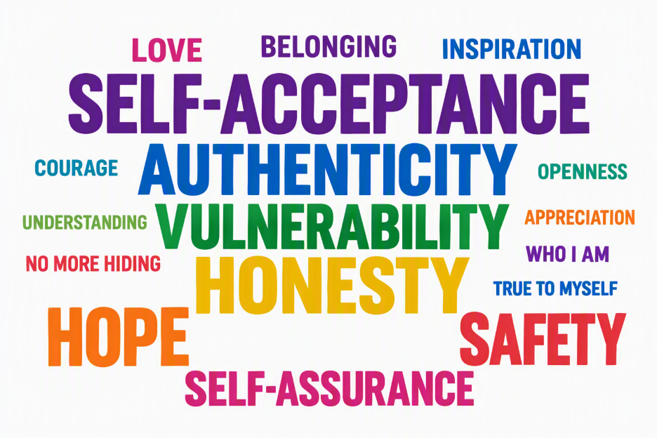 Word cloud illustrating participant reflections and experiences, with self-acceptance appearing as the most prominent theme. Other frequently occurring words include love, belonging, inspiration, courage, authenticity, openness, understanding, vulnerability, appreciation, honesty, hope, self-assurance, safety, and being true to oneself.