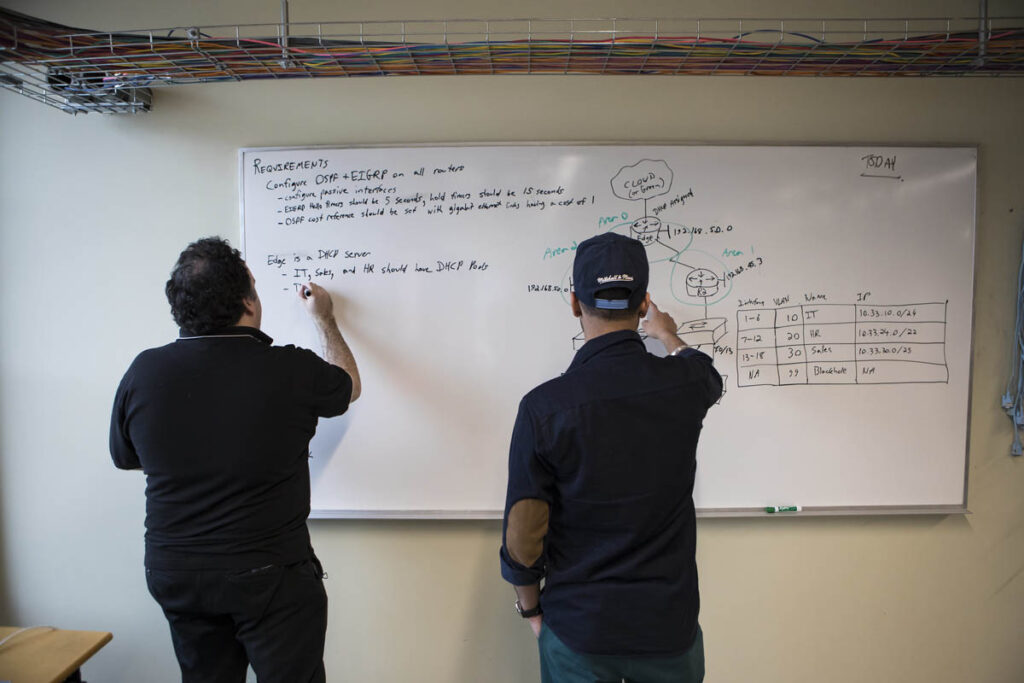 Two people writing on a whiteboard 
