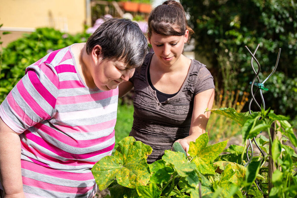Support worker and client looking at foliage