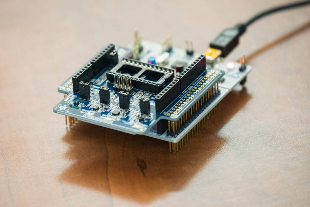 Close up image of a circuit board with transistors