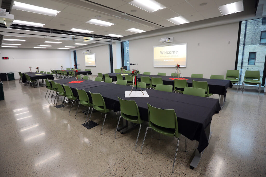 Empty classroom with many chairs