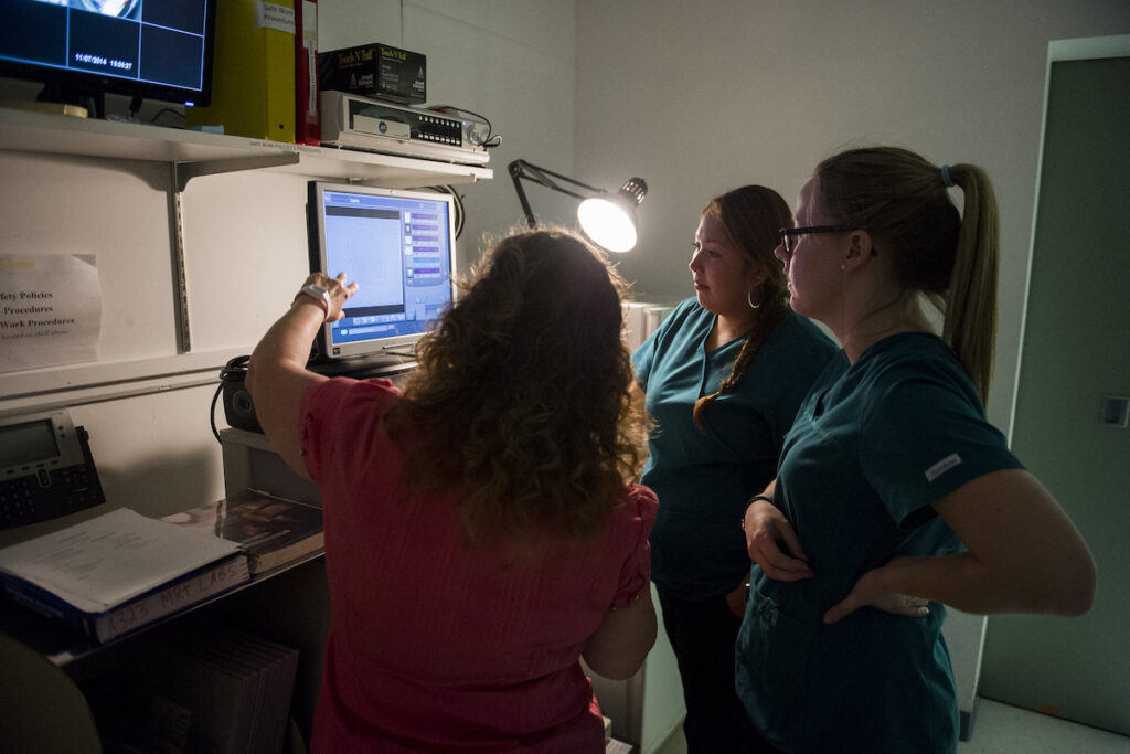 Instructor showing nursing students something on a computer screen