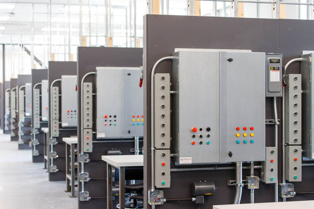 Various control panels in a large warehouse