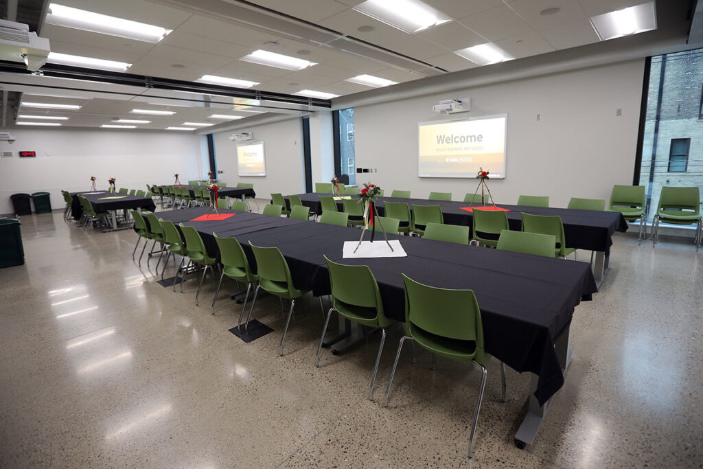 Empty classroom with chairs and tables set up