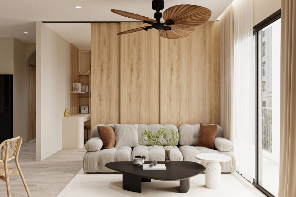 Modern living room interior with white sofa against the wood background