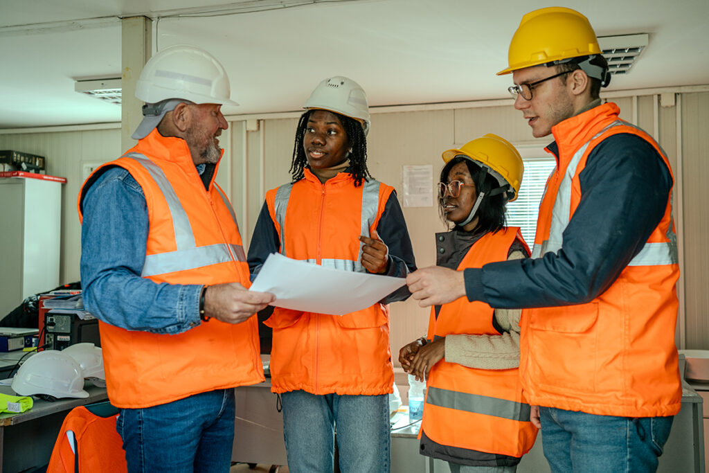Group of students and staff together at a construction site.