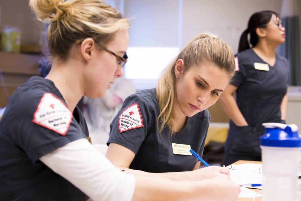 Nursing students complete clinical coursework and patient care exercises in a healthcare training environment.