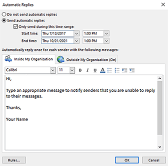 Automatic replies menu – send automatic replies button – Only send during this time range button – type message