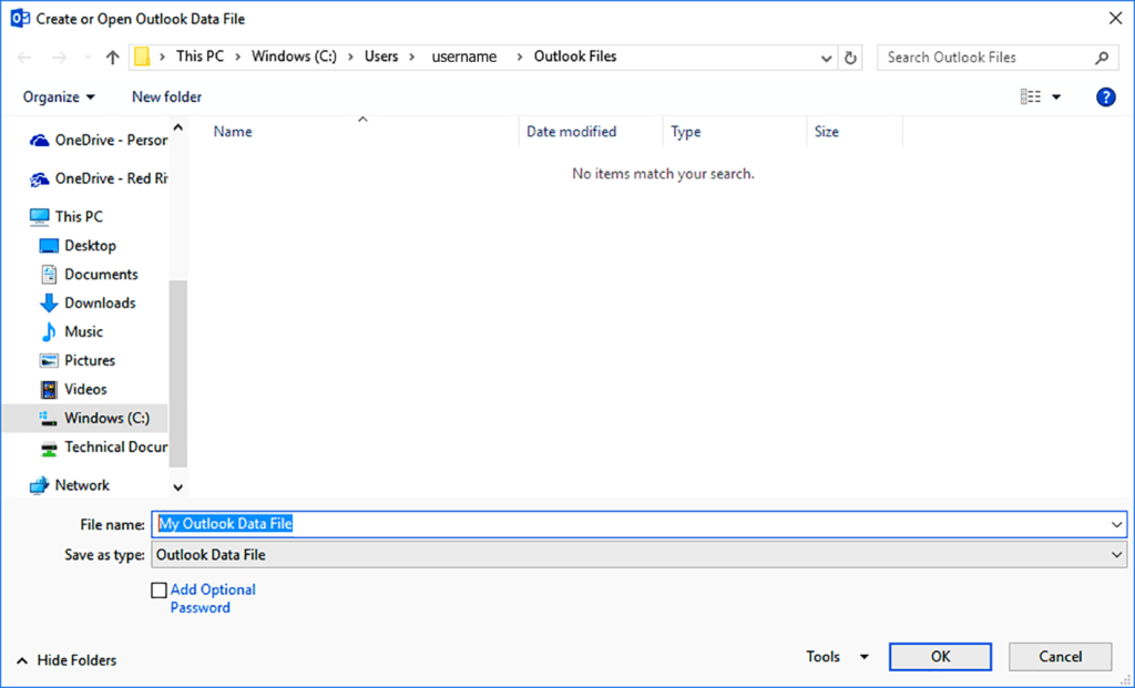 Create or Open Outlook Data File window – file name field