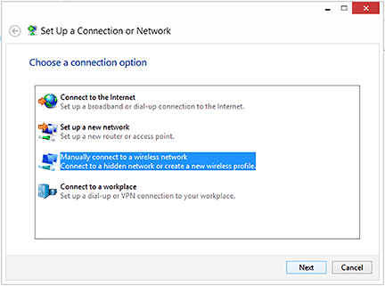 Set Up a Connection or Network window