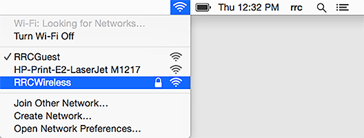 Wi-Fi, menu bar, and RRC Wireless buttons