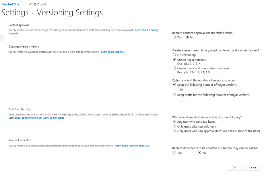 versioning settings menu