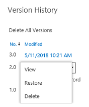 version history window – restore option