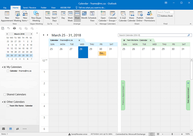side-by-side view of sharepoint and outlook calendars