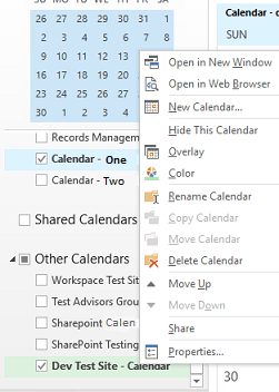 other calendars – delete calendar menu option