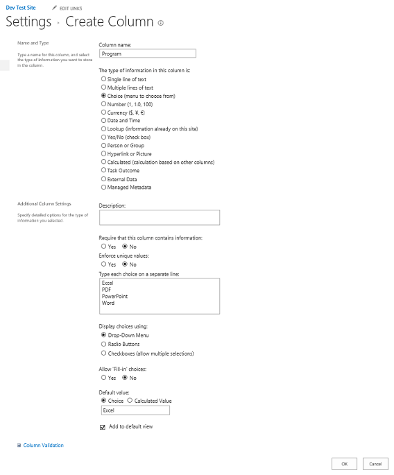 settings – create column menu