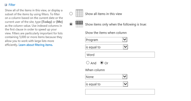 filter options