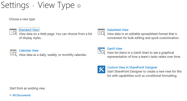 settings window – view types