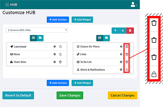 remove and lock icons on customize HUB page