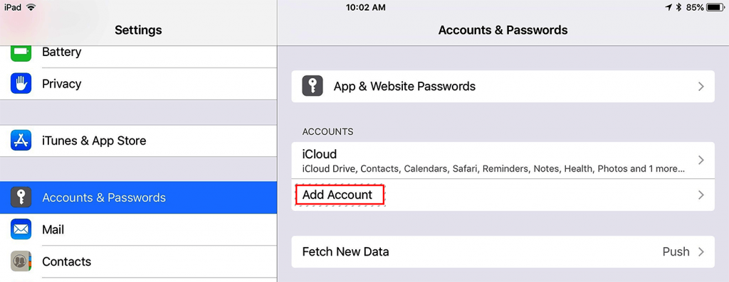 settings window – accoounts and passwords tab