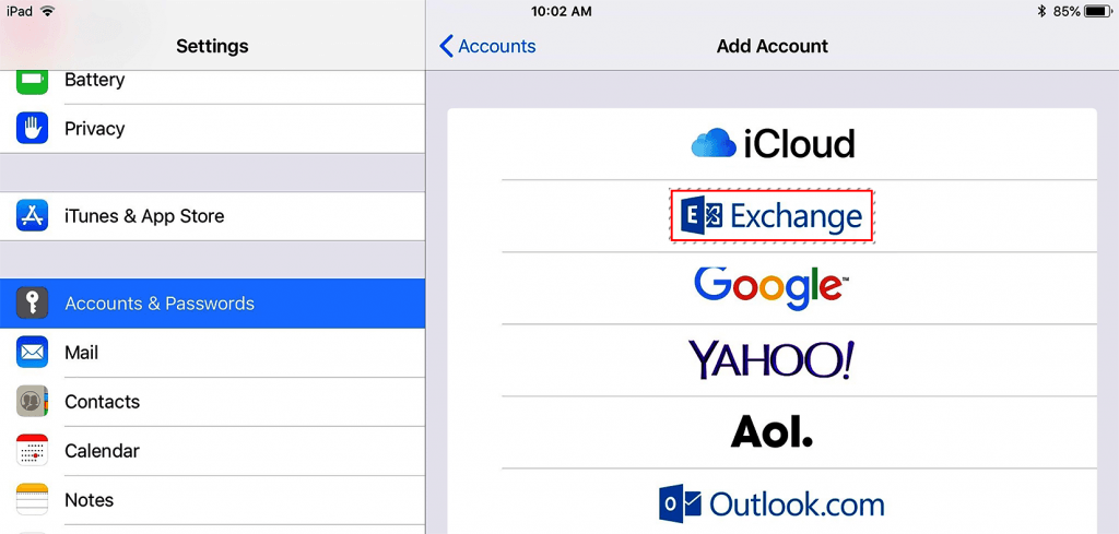 add account screen – exchange button