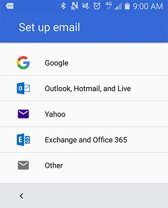 set up email screen – exchange button