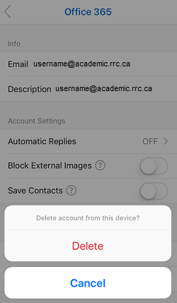 click delete to confirm you want to delete account from device