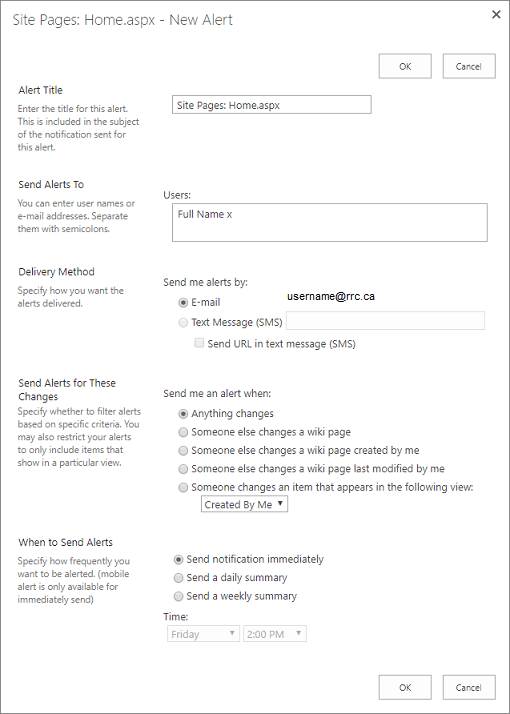 home page alert options