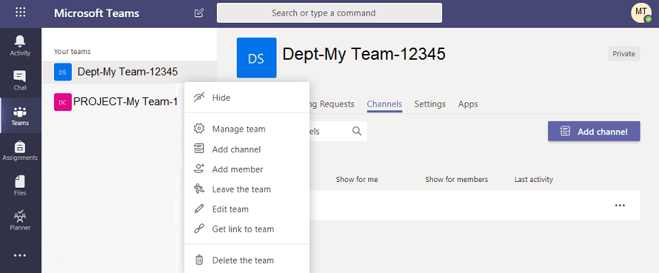 click manage team and then add channel