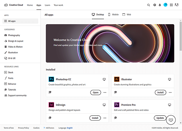 adobe cc apps page
