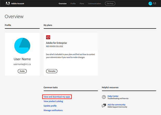 Adobe Overview page and View and download my apps link