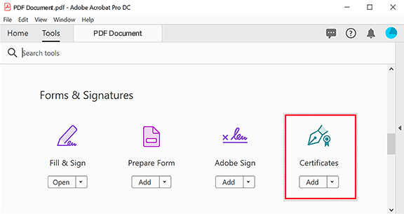 Certificates icon in the Forms & Signatures group